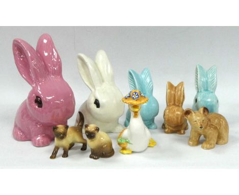 Sylvac Pottery Figures of Rabbits, bear and a duck, etc.White bunny with small chip to ear, crazing present throughout.