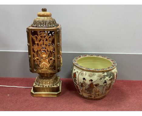 Oriental Late XX Century Pottery Jardinere 32.5cm diameter, 1970s table lamp with detachable lid 60cm tall (2).