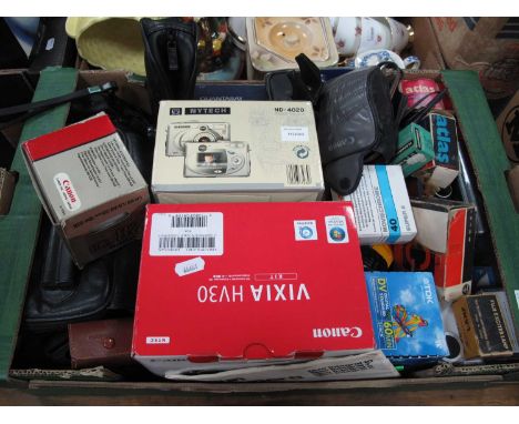 Cameras; Canon HDV Vivian HV30 camcorder, another Canon MV600i, Canon ML, Nytech ND-4020 digital camera, Fujica single 8 p-2,