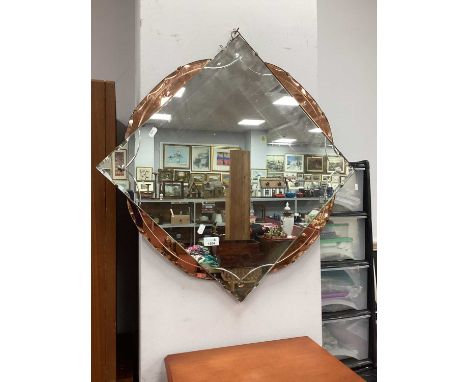 Art Deco Square Wall Mirror with Pink Tinted Glass Segments to Each Side 60cm wide.