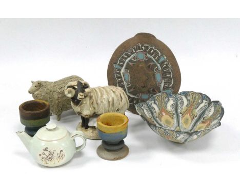 Robin Welch Pair of Baluster Stem Egg Cups, 6.5cm tall, Alistair Brookes Sheep, other studio pottery etc:- One Tray.Tall vase