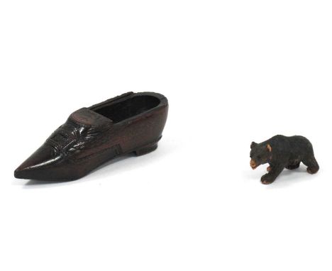 A Treen Carved Wooden Snuff Box, in the form of a shoe, approximately 15cm long, together with a Black Forest style carved wo
