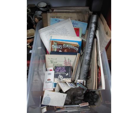 Cigarette Cards, postcards, theatre programmes, two resin figures, books, matchboxes etc:- One Box.