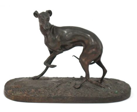 Bronze Figure of Greyhound Looking to His Left, on oval naturalistic base, 23cm long.