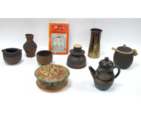 Studio Pottery - teapot 17cm tall, 'ES' cauldron posy bowl, lidded bowl, etc (8) and Bernard Leach book - One Tray.