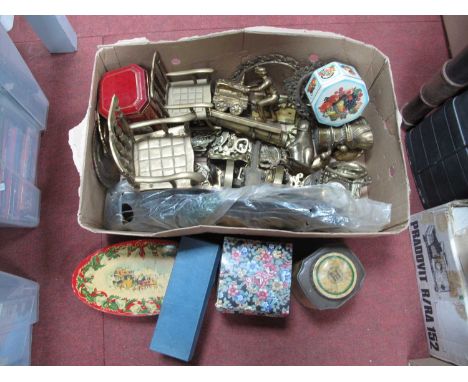 Horse Brasses, figure of a miner, model chairs, cannon, other brassware, tins, trade cards, knives.