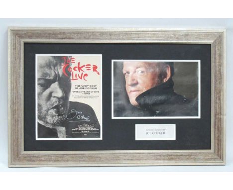 Joe Cocker Autograph, silver pen signed (unverified) on Joe Cocker live advertising print, as a framed montage, overall 45 x 