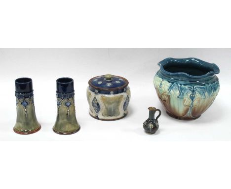 Royal Doulton Stoneware Tobacco Jar, pair of vases, 5604 miniature jug and Blythe jardiniere.