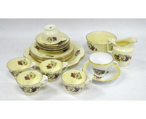 Crown Staffordshire Viola Tea Service of eighteen Pieces, the cup handles with floral tops - Taylor and Kent cup and saucers: