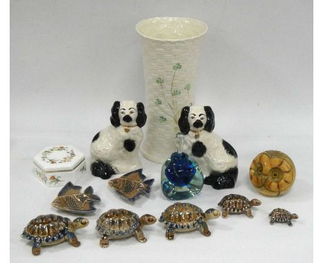 Belleek Waisted Vase 25cm tall (boxed), pair of Beswick spaniels, Wade tortoises, alabaster owl, Mdina scent bottles.