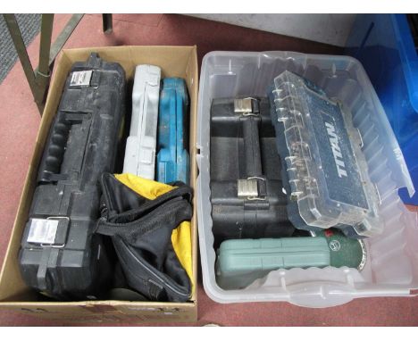 Dewalt Drill, Titan drill bits, Erbauer sander, Universal avometer, other tools (untested, sold for parts only):- Two Boxes.