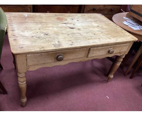Pine Side Table, with two small drawers, on turned legs, 133cm wide.