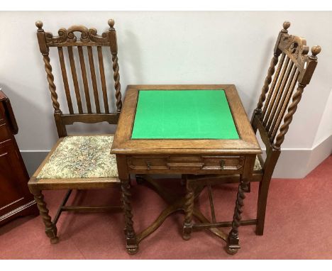 Oak Card Table Circa 1920s with Baize Inset to 60.5cm Reversable Square Top, over single drawer on barley twist legs united b