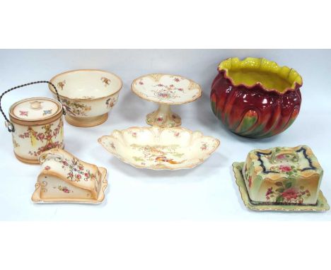 Bretby Pottery Jardiniere, Early XX Century Wardle ware cheese dish, Crown Ducal ware bowl, cake stand, Crown Devon biscuit b
