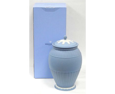 A Wedgwood Powder Blue Jasperware Jar and Cover, 30cm high (boxed).