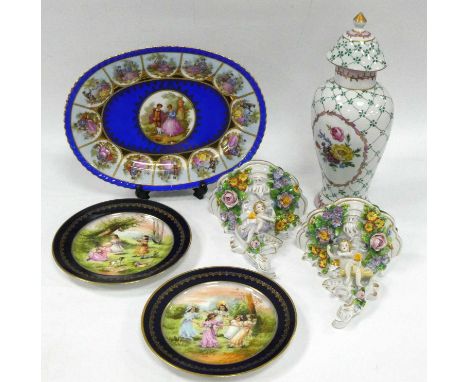 A Pair of Sitzendorf Porcelain Wall Shelves, moulded and applied with cherubs and flowers, Bavarian porcelain plate, etc:- On