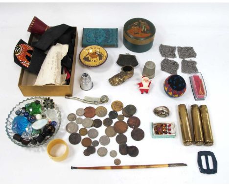 Coinage, Bosun's Whistle, bearing arrow, HMS Kelvin and HMS Ganges Naval cap bands, costume brooches, brass shells, Edgeworth