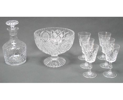 Edinburgh Crystal Decanter and Six Stem Glasses, circular pedestal bowl.