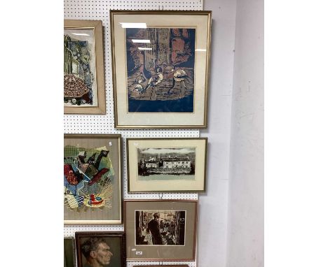 Lois. E. Freeman, flamingos, wood block limited print 1 of 3, 45.5 x 38cm signed lower left, 'Salthouse, Norfolk' 3 of 3 arti