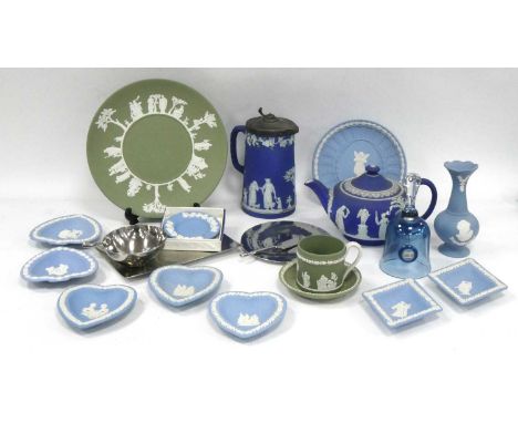 Wedgwood Blue Glass Bowl, dark blue jasper teapot and water jug, green plate, cups and saucers, powder blue trinkets, etc:- O