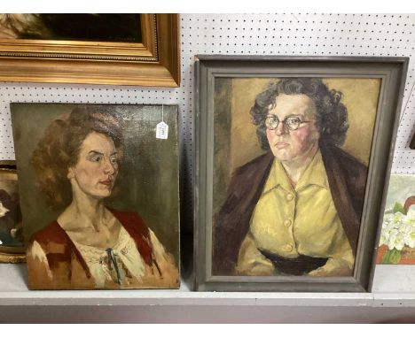 Lois. E. Freeman Oil Paintings, portrait study of a lady wearing a mustard coloured shirt and spectacles, oil on board, 59.5 