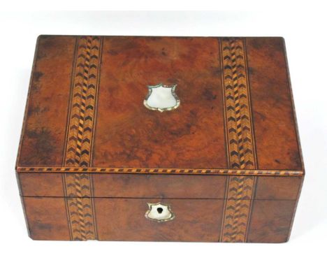 XIX Century Walnut Work Box with Chevron Band Inlay and Mother of Pearl Escutcheon27.5cm wide.