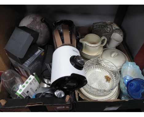 Mag-Lite, Swift binoculars, globe, milk frother, dinner and glassware, maling bowl, blue glass goblet, etc (untested sold for