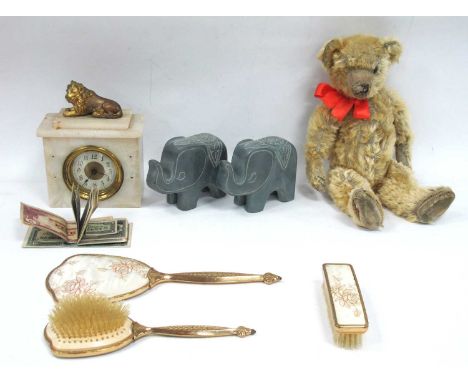 Gold Plush Teddy Bear, 41cm high. Early XX Century alabaster cased mantle clock (base absent), two mineral elephants (one dam