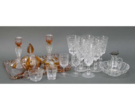 Art Deco Five Piece Clear and Amber Trinket Set, six Stuart wines, silver-topped oil bottle, Villeroy and Boch bowl, etc:- On