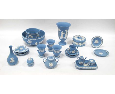 Wedgwood Powder Blue Jasper Ware, of twenty-one pieces, including 20.5cm diameter fruit bowl, urn vase, mini teapot.
