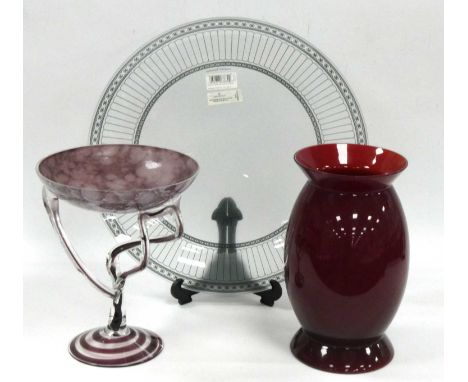 Murano Ruby Glass Vase with Flared Rim, signed and dated '96 to base 28cm high, a Wedgwood 'contrasts' glass dish and a pedes