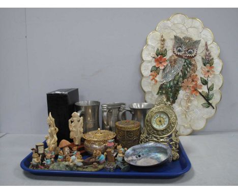 Early XX Century Brass Easel Novelty Mantel Clock, shell trinket boxes, tankards, Ganesh figure, etc:- One Tray and owl plaqu