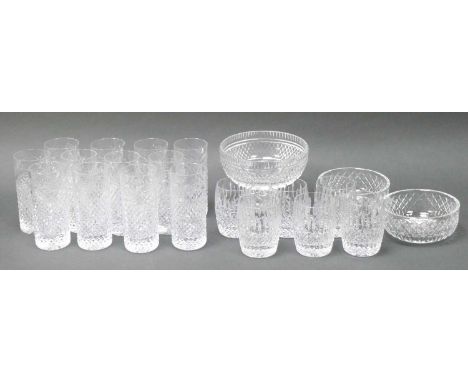 A Set of Twelve Crystal Highball Glasses, a pedestal bowl, set of six cut glass tumblers and a pair of Stuart crystal bowls:-