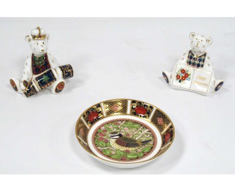 Royal Crown Derby Porcelain Paperweights Teddy Bears - 'Happy Anniversary' and 'Christmas Cracker', together with 'Bluetit' d