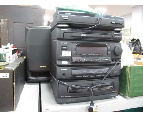 Aiwa sound system set including turntable system Model No.PX-E850K, Super T-Bass compact disk stereo casette reciver and pair