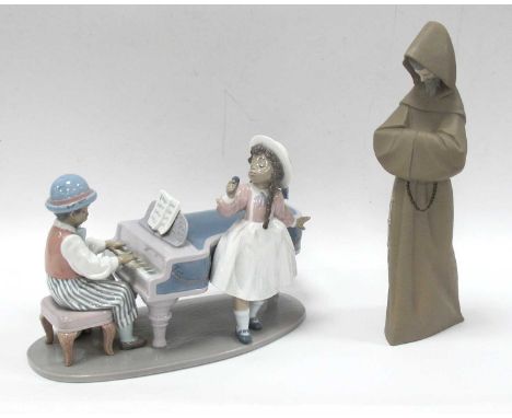 Lladro 5930 Jazz Duo Figure Group, 31cm long, and matt monk, both with faults (2).Girl from figure group appears to have been