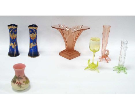 Pair of Art Nouveau Gilt Floral Blue Glass Vases of Waisted Form, 17cm tall, Art Deco pink glass posy, spill vases, etc:- One
