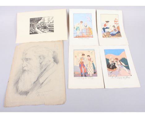 George Barbier: four coloured prints of lovers, "Le Coq du village", "L'Oiseau Cheri", "Gentils Propos" and "Le Langage des F