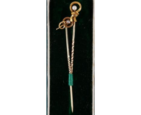 Two yellow metal and seed pearl mounted stick pins