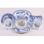 An early 19th century "Willow" pattern soup plate, a Wedgwood water lily pattern dish, two Spode