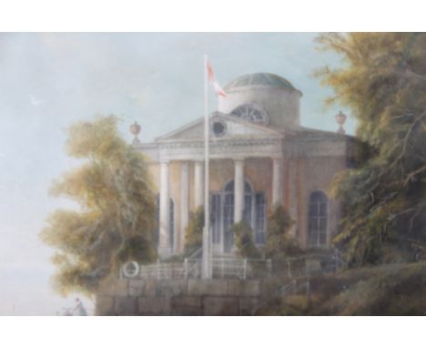 Felix Kelly, '89: oil on board/panel, "Lighthouse" seaside Palladian Villa, Capriccio on Henbury Hall, 17" x 22", in gilt fra