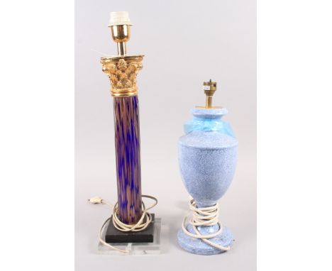 A Venetian type glass column table lamp, on square base, 21" high, and a mottled ceramic vase table lamp, 14" high