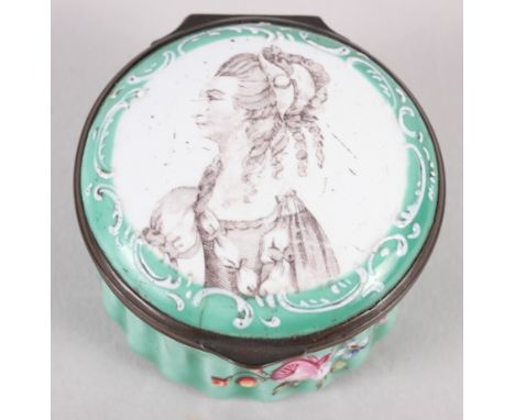 An 18th century Staffordshire enamelled patch box, decorated with a bust of a noble woman