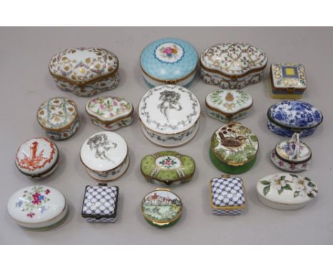 A quantity of enamel decorated pill boxes, including Limoges and ceramic boxesCondition: Large blue top boz, chip to side, gr
