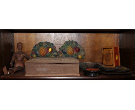 A wooden mannequin, 13" high, a carved jewellery box, playing cards, trays, ivory model elephants and other items 