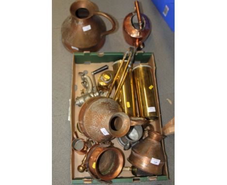 A copper teapot, three copper jugs, two brass trench art shells, a copper cauldron and other items