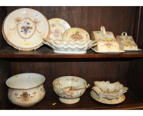 Two Crown Devon "blush ivory" cheese dishes and covers, a salad bowl and servers, a teapot stand, a bread tray, etc