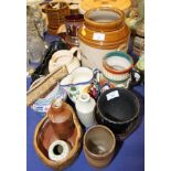 A 1930s Poole squat vase, decorated flowers, a Royal Doulton character jug, a bread bin, plant