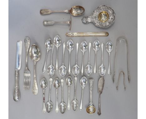 A selection of silver tea and coffee spoons and various other silver and white metal flatware, etc, 17.1oz troy overall