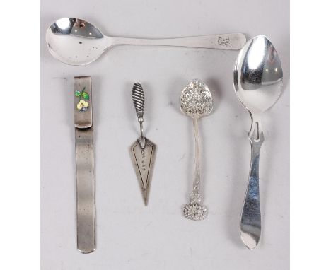 A silver preserve spoon, a silver bookmark, formed as a trowel, and other items, 2.7oz troy approx